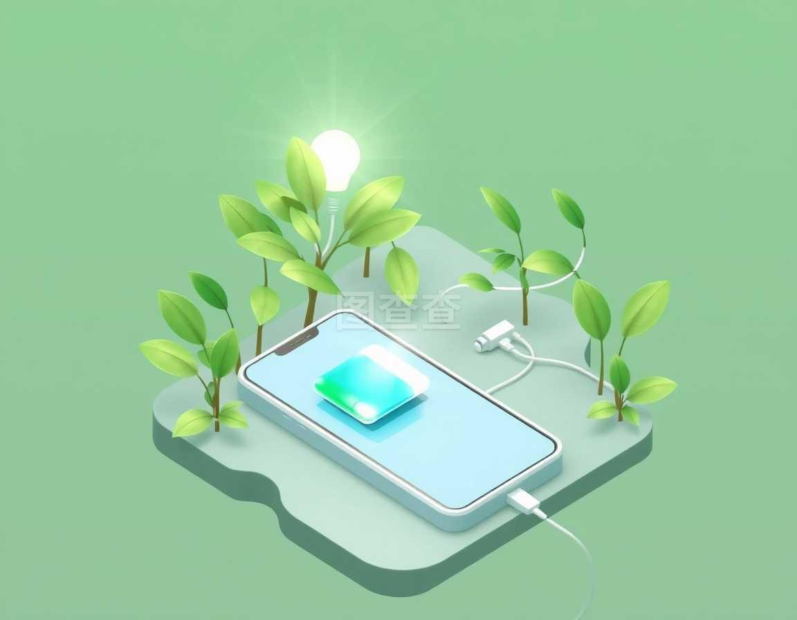 利用植物進行光合作用的智能手機電池充電的綠色能源等距組成作為電源矢量圖示。